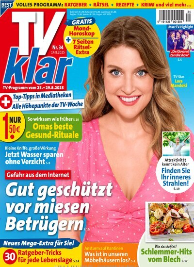 Titelbild der Ausgabe 34/2025 von TV Klar. Diese Zeitschrift und viele weitere Programmzeitschriften als Abo oder epaper bei United Kiosk online kaufen.