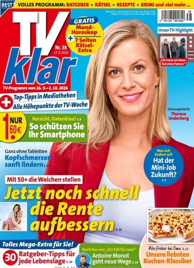 Titelbild der Ausgabe 38/2026 von TV Klar. Diese Zeitschrift und viele weitere Programmzeitschriften als Abo oder epaper bei United Kiosk online kaufen.