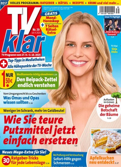 Titelbild der Ausgabe 39/2025 von TV Klar. Diese Zeitschrift und viele weitere Programmzeitschriften als Abo oder epaper bei United Kiosk online kaufen.