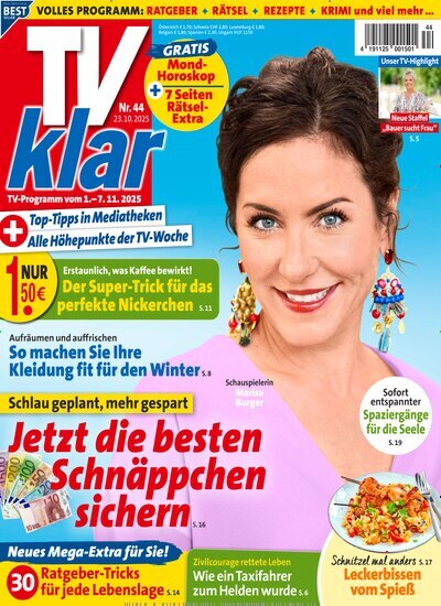 Titelbild der Ausgabe 44/2025 von TV Klar. Diese Zeitschrift und viele weitere Programmzeitschriften als Abo oder epaper bei United Kiosk online kaufen.