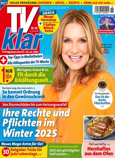 Titelbild der Ausgabe 46/2025 von TV Klar. Diese Zeitschrift und viele weitere Programmzeitschriften als Abo oder epaper bei United Kiosk online kaufen.