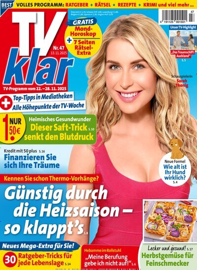 Titelbild der Ausgabe 47/2025 von TV Klar. Diese Zeitschrift und viele weitere Programmzeitschriften als Abo oder epaper bei United Kiosk online kaufen.