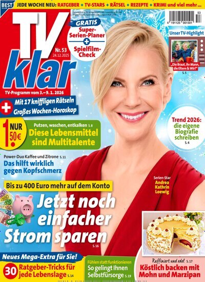Titelbild der Ausgabe 53/2025 von TV Klar. Diese Zeitschrift und viele weitere Programmzeitschriften als Abo oder epaper bei United Kiosk online kaufen.