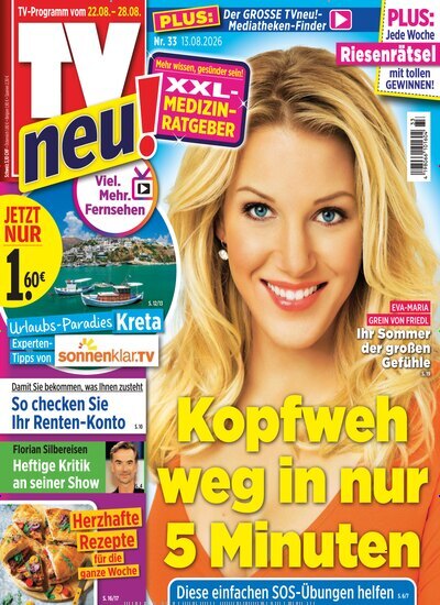 Titelbild der Ausgabe 33/2026 von TV neu. Diese Zeitschrift und viele weitere Programmzeitschriften als Abo oder epaper bei United Kiosk online kaufen.