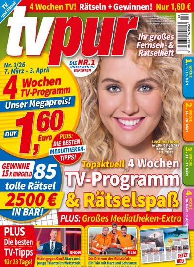 Titelbild der Ausgabe 3/2026 von TV pur. Diese Zeitschrift und viele weitere Programmzeitschriften als Abo oder epaper bei United Kiosk online kaufen.