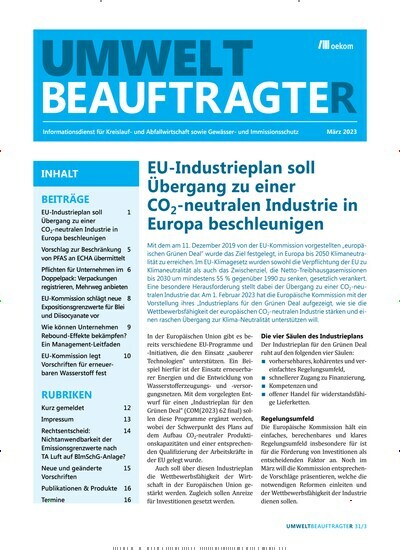 Titelbild der Ausgabe 3/2023 von UmweltbeauftragteR. Diese Zeitschrift und viele weitere Jurazeitschriften und Zeitschriften für Verwaltung als Abo oder epaper bei United Kiosk online kaufen.