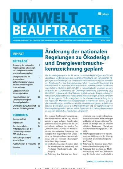 Titelbild der Ausgabe 3/2026 von UmweltbeauftragteR. Diese Zeitschrift und viele weitere Naturzeitschriften, Landwirtschaftszeitungen und Umweltmagazine als Abo oder epaper bei United Kiosk online kaufen.