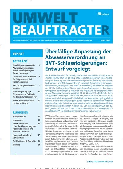 Titelbild der Ausgabe 4/2026 von UmweltbeauftragteR. Diese Zeitschrift und viele weitere Naturzeitschriften, Landwirtschaftszeitungen und Umweltmagazine als Abo oder epaper bei United Kiosk online kaufen.