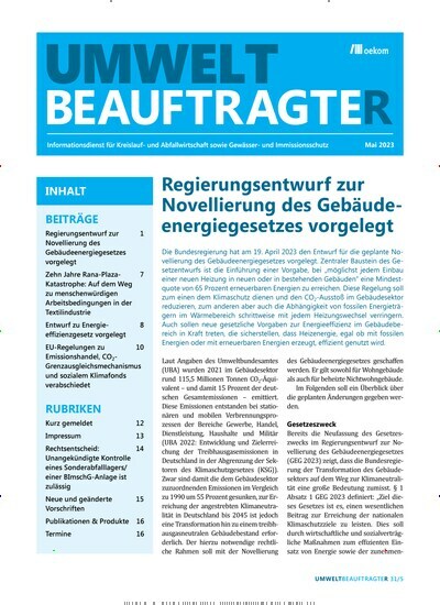 Titelbild der Ausgabe 5/2023 von UmweltbeauftragteR. Diese Zeitschrift und viele weitere Jurazeitschriften und Zeitschriften für Verwaltung als Abo oder epaper bei United Kiosk online kaufen.
