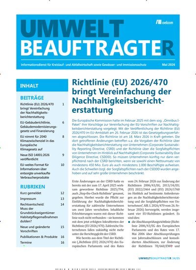 Titelbild der Ausgabe 5/2026 von UmweltbeauftragteR. Diese Zeitschrift und viele weitere Naturzeitschriften, Landwirtschaftszeitungen und Umweltmagazine als Abo oder epaper bei United Kiosk online kaufen.