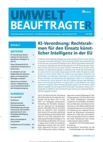 Titelbild der Ausgabe 6/2025 von UmweltbeauftragteR. Diese Zeitschrift und viele weitere Naturzeitschriften, Landwirtschaftszeitungen und Umweltmagazine als Abo oder epaper bei United Kiosk online kaufen.