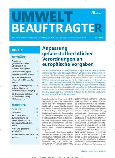 Titelbild der Ausgabe 6/2026 von UmweltbeauftragteR. Diese Zeitschrift und viele weitere Naturzeitschriften, Landwirtschaftszeitungen und Umweltmagazine als Abo oder epaper bei United Kiosk online kaufen.