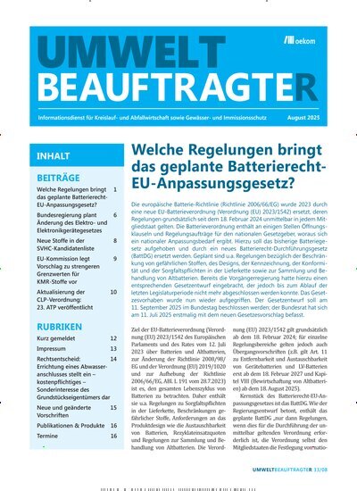 Titelbild der Ausgabe 8/2025 von UmweltbeauftragteR. Diese Zeitschrift und viele weitere Naturzeitschriften, Landwirtschaftszeitungen und Umweltmagazine als Abo oder epaper bei United Kiosk online kaufen.