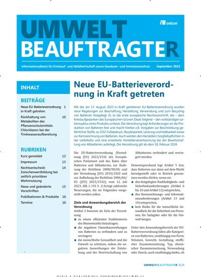 Titelbild der Ausgabe 9/2023 von UmweltbeauftragteR. Diese Zeitschrift und viele weitere Jurazeitschriften und Zeitschriften für Verwaltung als Abo oder epaper bei United Kiosk online kaufen.