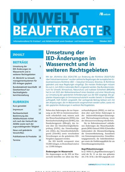 Titelbild der Ausgabe 10/2025 von UmweltbeauftragteR. Diese Zeitschrift und viele weitere Naturzeitschriften, Landwirtschaftszeitungen und Umweltmagazine als Abo oder epaper bei United Kiosk online kaufen.