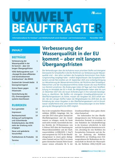 Titelbild der Ausgabe 11/2025 von UmweltbeauftragteR. Diese Zeitschrift und viele weitere Naturzeitschriften, Landwirtschaftszeitungen und Umweltmagazine als Abo oder epaper bei United Kiosk online kaufen.