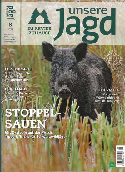 Titelbild der Ausgabe 8/2023 von unsere Jagd. Diese Zeitschrift und viele weitere Sportmagazine als Abo oder epaper bei United Kiosk online kaufen.