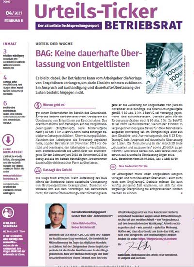 Titelbild der Ausgabe 4/2021 von Urteilsticker Betriebsrat. Diese Zeitschrift und viele weitere Businessmagazine als Abo oder epaper bei United Kiosk online kaufen.