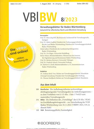 Titelbild der Ausgabe 8/2023 von VBlBW Verwaltungsblätter für Baden-Württemberg. Diese Zeitschrift und viele weitere Jurazeitschriften und Zeitschriften für Verwaltung als Abo oder epaper bei United Kiosk online kaufen.