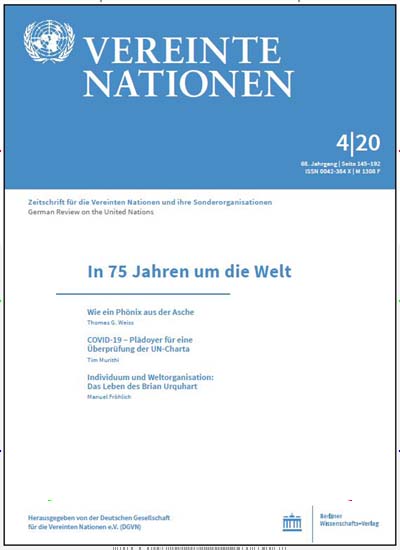 Titelbild der Ausgabe 4/2020 von Vereinte Nationen. Diese Zeitschrift und viele weitere Jurazeitschriften und Zeitschriften für Verwaltung als Abo oder epaper bei United Kiosk online kaufen.