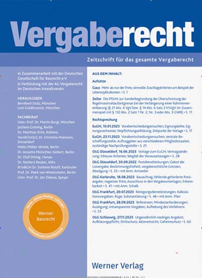 Titelbild der Ausgabe 5/2024 von VergabeR - Vergaberecht. Diese Zeitschrift und viele weitere Jurazeitschriften und Zeitschriften für Verwaltung als Abo oder epaper bei United Kiosk online kaufen.