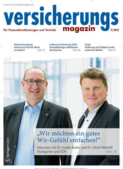 Titelbild der Ausgabe 9/2025 von Versicherungsmagazin. Diese Zeitschrift und viele weitere Businessmagazine als Abo oder epaper bei United Kiosk online kaufen.