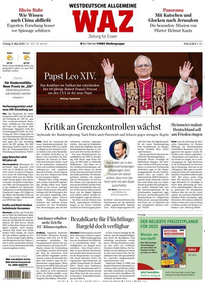 Titelbild der Ausgabe 107/2025 von WAZ Westdeutsche Allgemeine Zeitung. Diese Zeitschrift und viele weitere Zeitungsabos als Abo oder epaper bei United Kiosk online kaufen.