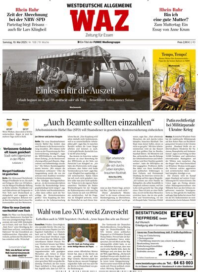 Titelbild der Ausgabe 108/2025 von WAZ Westdeutsche Allgemeine Zeitung. Diese Zeitschrift und viele weitere Zeitungsabos als Abo oder epaper bei United Kiosk online kaufen.