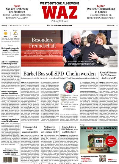 Titelbild der Ausgabe 110/2025 von WAZ Westdeutsche Allgemeine Zeitung. Diese Zeitschrift und viele weitere Zeitungsabos als Abo oder epaper bei United Kiosk online kaufen.