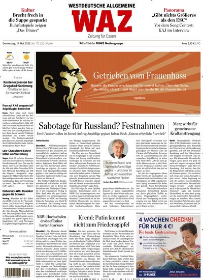 Titelbild der Ausgabe 112/2025 von WAZ Westdeutsche Allgemeine Zeitung. Diese Zeitschrift und viele weitere Zeitungsabos als Abo oder epaper bei United Kiosk online kaufen.