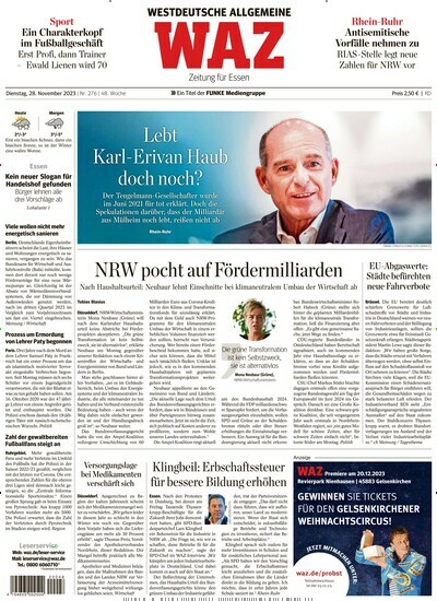 Titelbild der Ausgabe 279/2023 von WAZ Westdeutsche Allgemeine Zeitung. Diese Zeitschrift und viele weitere Zeitungsabos als Abo oder epaper bei United Kiosk online kaufen.