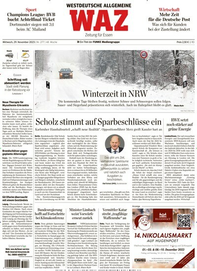 Titelbild der Ausgabe 280/2023 von WAZ Westdeutsche Allgemeine Zeitung. Diese Zeitschrift und viele weitere Zeitungsabos als Abo oder epaper bei United Kiosk online kaufen.
