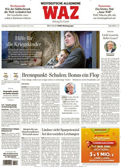 Titelbild der Ausgabe 283/2023 von WAZ Westdeutsche Allgemeine Zeitung. Diese Zeitschrift und viele weitere Zeitungsabos als Abo oder epaper bei United Kiosk online kaufen.