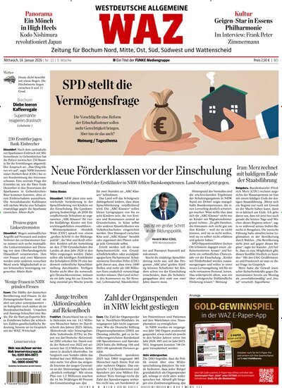 Titelbild der Ausgabe 11/2026 von WAZ Westdeutsche Allgemeine Zeitung für Bochum. Diese Zeitschrift und viele weitere Zeitungsabos als Abo oder epaper bei United Kiosk online kaufen.