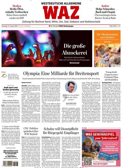 Titelbild der Ausgabe 14/2026 von WAZ Westdeutsche Allgemeine Zeitung für Bochum. Diese Zeitschrift und viele weitere Zeitungsabos als Abo oder epaper bei United Kiosk online kaufen.