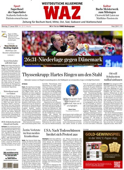 Titelbild der Ausgabe 22/2026 von WAZ Westdeutsche Allgemeine Zeitung für Bochum. Diese Zeitschrift und viele weitere Zeitungsabos als Abo oder epaper bei United Kiosk online kaufen.