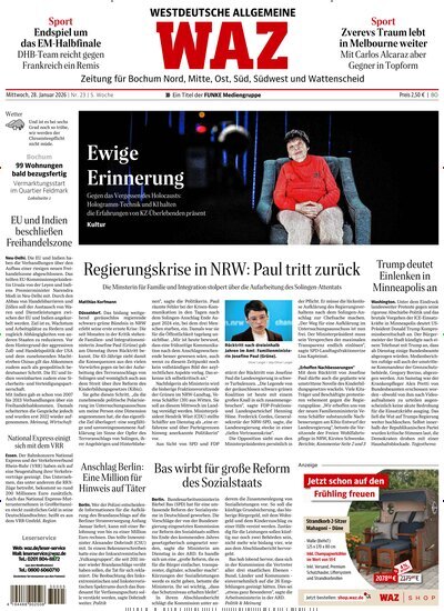 Titelbild der Ausgabe 23/2026 von WAZ Westdeutsche Allgemeine Zeitung für Bochum. Diese Zeitschrift und viele weitere Zeitungsabos als Abo oder epaper bei United Kiosk online kaufen.