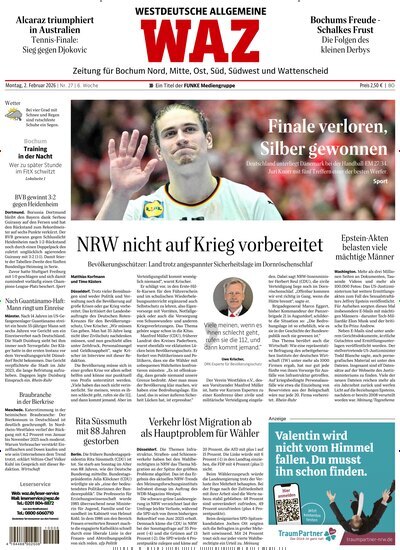 Titelbild der Ausgabe 27/2026 von WAZ Westdeutsche Allgemeine Zeitung für Bochum. Diese Zeitschrift und viele weitere Zeitungsabos als Abo oder epaper bei United Kiosk online kaufen.