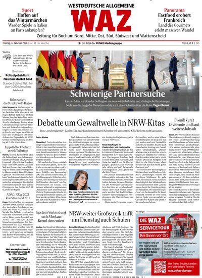 Titelbild der Ausgabe 31/2026 von WAZ Westdeutsche Allgemeine Zeitung für Bochum. Diese Zeitschrift und viele weitere Zeitungsabos als Abo oder epaper bei United Kiosk online kaufen.