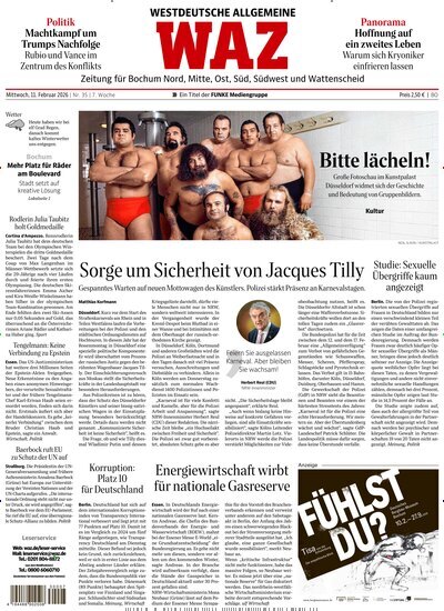 Titelbild der Ausgabe 35/2026 von WAZ Westdeutsche Allgemeine Zeitung für Bochum. Diese Zeitschrift und viele weitere Zeitungsabos als Abo oder epaper bei United Kiosk online kaufen.