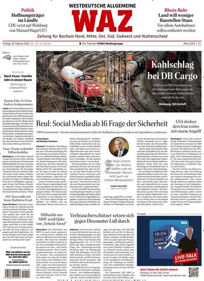 Titelbild der Ausgabe 43/2026 von WAZ Westdeutsche Allgemeine Zeitung für Bochum. Diese Zeitschrift und viele weitere Zeitungsabos als Abo oder epaper bei United Kiosk online kaufen.