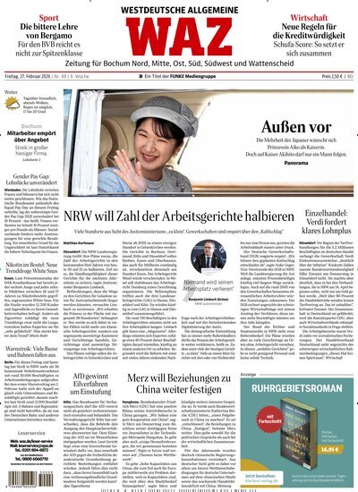 Titelbild der Ausgabe 49/2026 von WAZ Westdeutsche Allgemeine Zeitung für Bochum. Diese Zeitschrift und viele weitere Zeitungsabos als Abo oder epaper bei United Kiosk online kaufen.