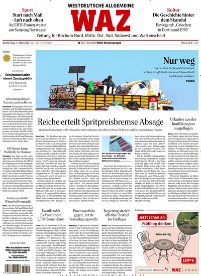 Titelbild der Ausgabe 54/2026 von WAZ Westdeutsche Allgemeine Zeitung für Bochum. Diese Zeitschrift und viele weitere Zeitungsabos als Abo oder epaper bei United Kiosk online kaufen.