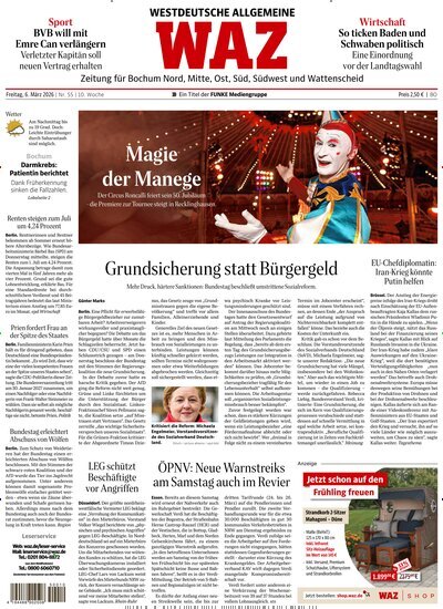Titelbild der Ausgabe 55/2026 von WAZ Westdeutsche Allgemeine Zeitung für Bochum. Diese Zeitschrift und viele weitere Zeitungsabos als Abo oder epaper bei United Kiosk online kaufen.