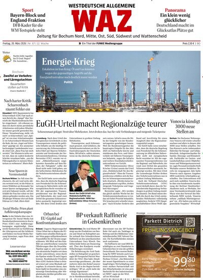 Titelbild der Ausgabe 67/2026 von WAZ Westdeutsche Allgemeine Zeitung für Bochum. Diese Zeitschrift und viele weitere Zeitungsabos als Abo oder epaper bei United Kiosk online kaufen.