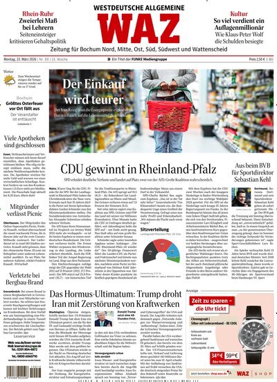 Titelbild der Ausgabe 69/2026 von WAZ Westdeutsche Allgemeine Zeitung für Bochum. Diese Zeitschrift und viele weitere Zeitungsabos als Abo oder epaper bei United Kiosk online kaufen.