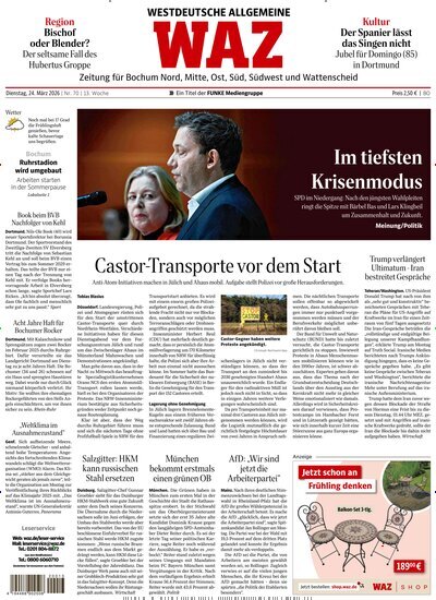 Titelbild der Ausgabe 70/2026 von WAZ Westdeutsche Allgemeine Zeitung für Bochum. Diese Zeitschrift und viele weitere Zeitungsabos als Abo oder epaper bei United Kiosk online kaufen.