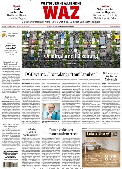 Titelbild der Ausgabe 73/2026 von WAZ Westdeutsche Allgemeine Zeitung für Bochum. Diese Zeitschrift und viele weitere Zeitungsabos als Abo oder epaper bei United Kiosk online kaufen.