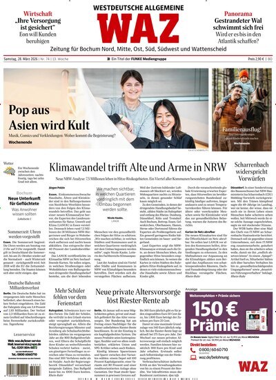 Titelbild der Ausgabe 74/2026 von WAZ Westdeutsche Allgemeine Zeitung für Bochum. Diese Zeitschrift und viele weitere Zeitungsabos als Abo oder epaper bei United Kiosk online kaufen.