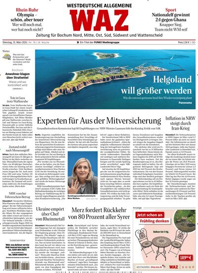 Titelbild der Ausgabe 76/2026 von WAZ Westdeutsche Allgemeine Zeitung für Bochum. Diese Zeitschrift und viele weitere Zeitungsabos als Abo oder epaper bei United Kiosk online kaufen.